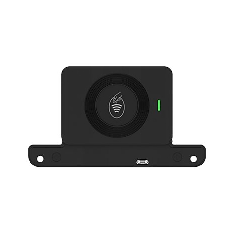 Schwarzes Kartenlesegerät mit einem grünen Licht. Oben befindet sich ein Kreis mit einem Symbol für kontaktloses Bezahlen. Am unteren Rand befinden sich Löcher und ein Anschluss.