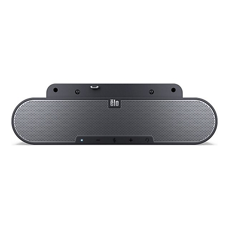 Ein schwarzer Lautsprecher mit Mikrofon, Lautstärke- und Stummschalt-Tasten, Herstellerlogo 'elo'.