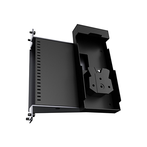 Schwarze Rack-Komponente mit Schrauben und Löchern, vor weißem Hintergrund.