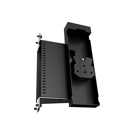 Schwarzes Rack-Montage-Zubehör, das teilweise geöffnet und von der Seite gezeigt wird.