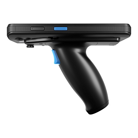 Ein schwarzes Handheld-Gerät mit blauem Knopf und Griff.