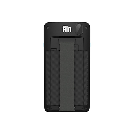 Schwarzes Elo-Gerät. Auf der Rückseite ist ein grauer Gurt und ein strukturiertes Feld zu sehen. Oben steht das Elo-Logo.