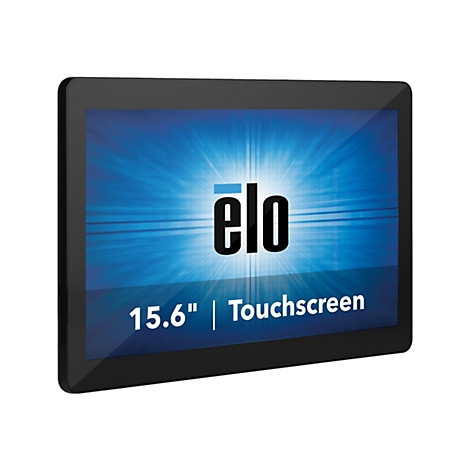 Ein schwarzes Touchscreen-Display mit dem Logo "elo" und der Aufschrift "15.6" | Touchscreen" auf blauem Hintergrund.