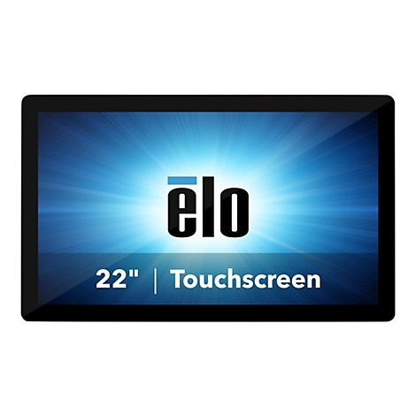 Ein schwarzer Touchscreen mit dem Logo „elo“ und der Aufschrift „22" | Touchscreen" auf blauem Hintergrund.
