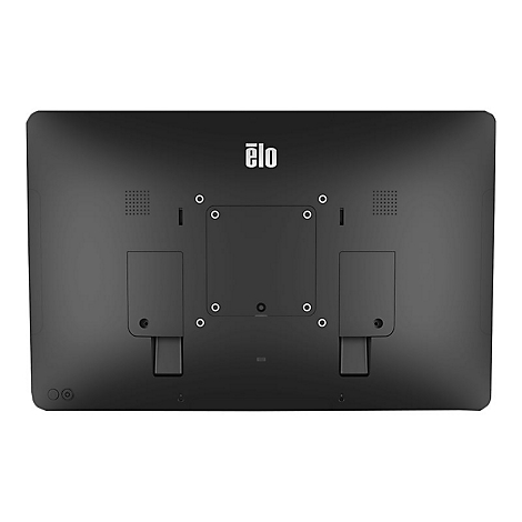 Rückseite eines schwarzen Elo-Touchscreens. Oben steht der Name des Herstellers. Verschiedene Öffnungen und Halterungen sind zu sehen.