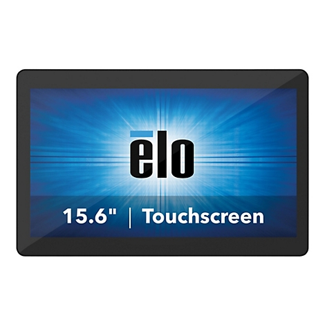 Schwarzer Touchscreen-Monitor mit Elo-Logo, 15,6 Zoll und Touchscreen-Text auf blauem Hintergrund.