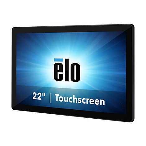 Ein schwarzes 22 Zoll Touchscreen-Display mit dem Logo "elo" auf blauem Hintergrund.