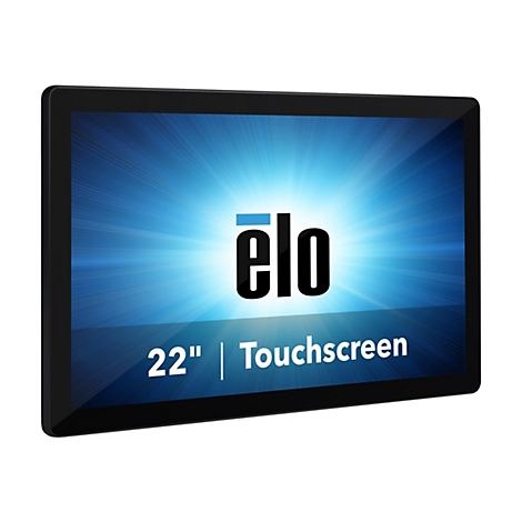 Ein schwarzer Touchscreen-Monitor mit dem Schriftzug "elo". Darunter steht "22" Touchscreen". Der Hintergrund ist blau mit weißen Lichtstrahlen.