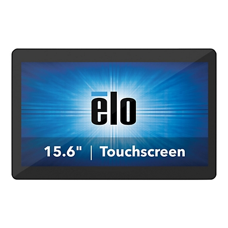 Schwarzer Touchscreen-Monitor mit Elo-Logo, 15,6 Zoll und der Aufschrift "Touchscreen" auf blauem Hintergrund.