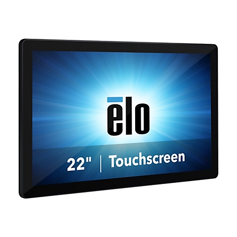 Ein schwarzer Touchscreen-Monitor mit dem Schriftzug "elo" und der Bezeichnung "22" Touchscreen" auf blauem Hintergrund.
