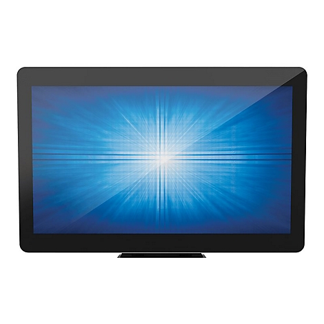 Ein schwarzer Flachbildschirm zeigt ein blaues Muster mit Lichtstrahlen.