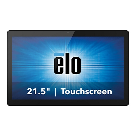 Ein schwarzes 21,5 Zoll Touchscreen-Display mit blauem Hintergrund und Elo-Logo.