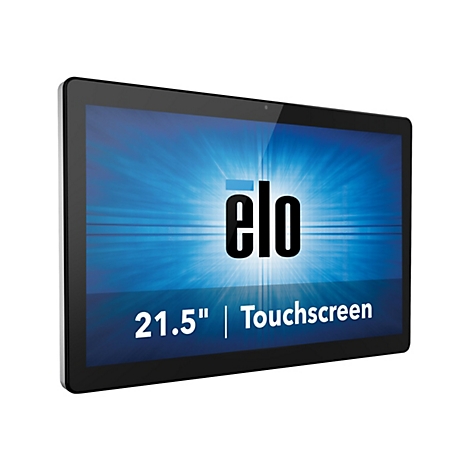 Ein schwarzes Touchscreen-Tablet, der Bildschirm zeigt das Logo „elo“ und Text: „21,5 Zoll | Touchscreen“.