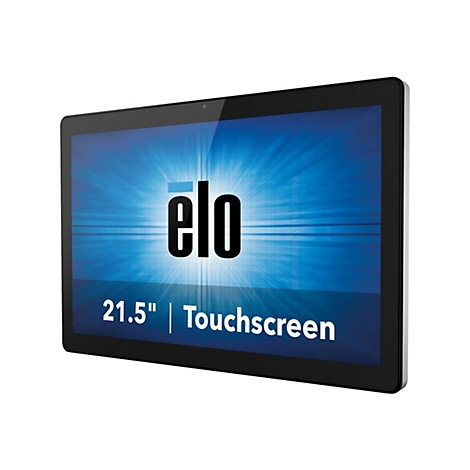 Ein Touchscreen-Monitor mit dem Schriftzug „elo“ auf blauem Hintergrund. Darunter steht 21.5" | Touchscreen.