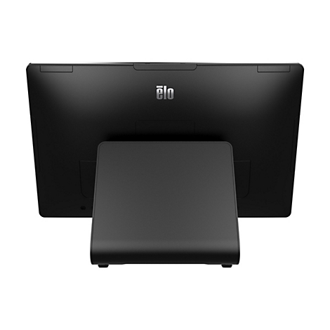 Rückansicht eines schwarzen Touchscreen-Monitors mit Standfuß. Das Logo „ēlo“ ist mittig platziert. Der Hintergrund ist weiß.