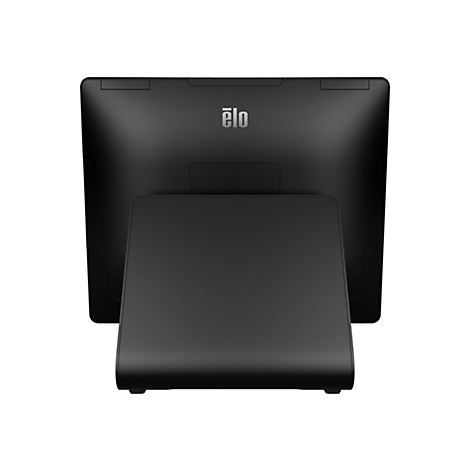 Schwarzer Touchscreen-Monitor mit Aufsteller. Auf dem Monitor steht "ělo".