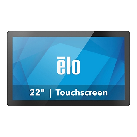 Ein schwarzes Touchscreen-Display mit dem weißen "elo"-Logo und der Aufschrift "22" | Touchscreen" auf blauem Hintergrund.