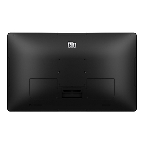 Rückseite eines schwarzen Elo-Touchscreen-Monitors mit Logo. Anschlüsse, Schrauben und Lüftungsschlitze sichtbar.