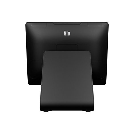 Schwarzer Touchscreen-Monitor mit Ständer. Das Logo "ēlo" ist oben zentriert. Der Bildschirm und der Ständer sind dunkelgrau.