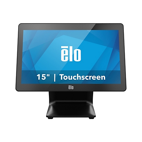 Ein schwarzer Touchscreen-Monitor mit dem Schriftzug "ēlo" und der Aufschrift "15" | Touchscreen" auf blauem Hintergrund.