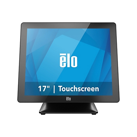 Schwarzer Touchscreen-Monitor mit dem Logo "ēlo", Schriftzug "17" | Touchscreen".