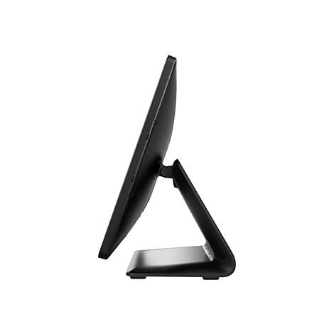 Schwarzer Bildschirm, seitliche Ansicht. Der Monitor hat einen verstellbaren Standfuß, der auf einer rechteckigen Basis steht.