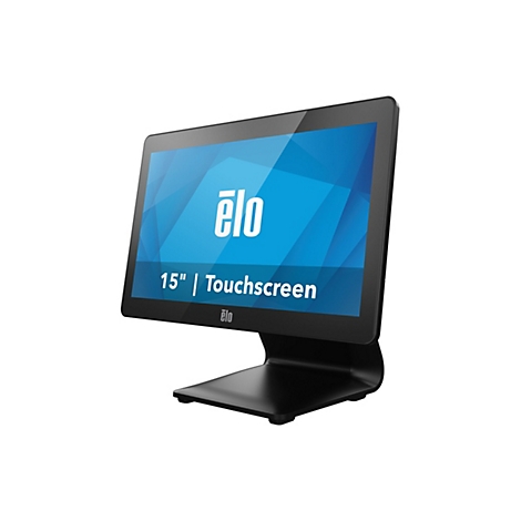 Schwarzer Touchscreen-Monitor mit Elo-Logo und der Aufschrift 15" | Touchscreen auf blauem Hintergrund. Der Monitor ist vor weißem Hintergrund abgebildet.