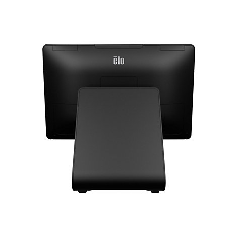 Schwarzer Touchscreen-Monitor mit Standfuß, Ansicht von hinten, Elo-Logo oben.