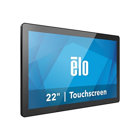 Ein schwarzes Touchscreen-Display mit der Aufschrift "ëlo 22" | Touchscreen" vor blauem Hintergrund.