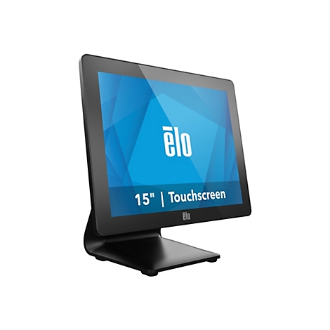 Schwarzer Touchscreen-Monitor mit blauem Bildschirm und weißem Logo. Darunter steht "15" | Touchscreen".