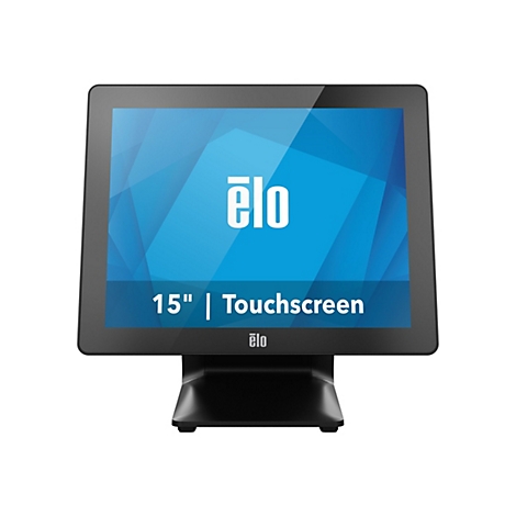 Schwarzer Touchscreen-Monitor mit Elo-Logo und der Aufschrift 15" | Touchscreen auf blauem Hintergrund.