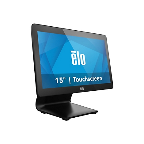 Ein schwarzer Touchscreen-Monitor mit blauem Bildschirm zeigt das Logo „elo“ und die Schrift „15″ | Touchscreen“. Das Gerät steht auf einem schwarzen Sockel vor weißem Hintergrund.