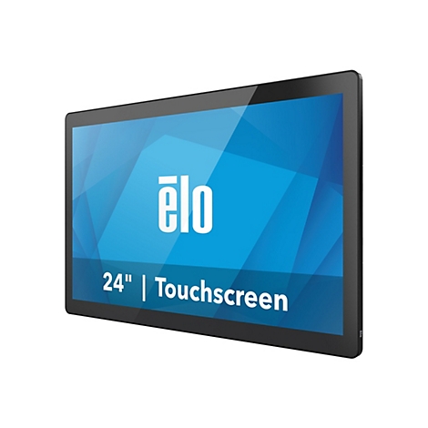 Ein Touchscreen-Monitor mit schwarzem Rahmen. Auf dem blauen Bildschirm steht der Schriftzug "elo", darunter "24" | Touchscreen".