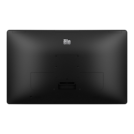 Rückseite eines schwarzen Elo-Touchscreen-Monitors mit Elo-Logo, Anschlüssen und Befestigungspunkten.