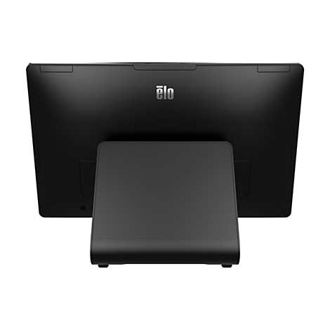 Rückansicht eines schwarzen Touchscreens mit eingebautem Ständer und Elo-Logo.
