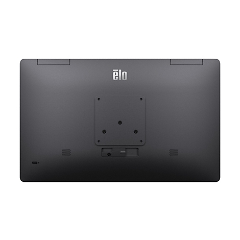 Rückseite eines schwarzen Elo-Touchscreen-Monitors mit Logo. Unten Anschlüsse und Lautsprecher.