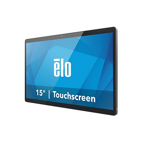Ein Touchscreen-Tablet mit dem Logo "elo" und der Aufschrift "15" Touchscreen" vor weißem Hintergrund.
