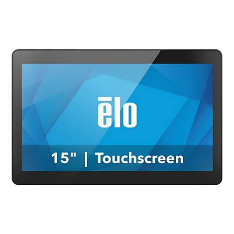 15-Zoll Elo Touchscreen mit blauem, geometrischem Hintergrund und weißem Logo.
