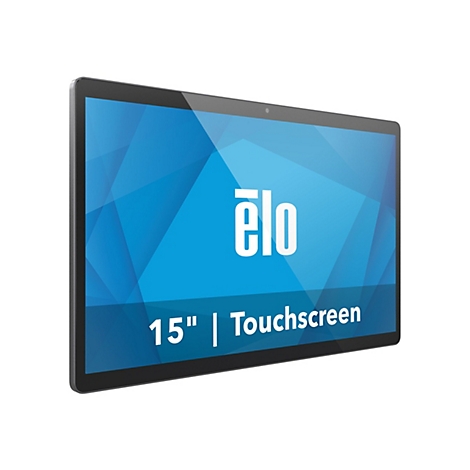 Ein Touchscreen-Monitor von Elo mit einem blauen Hintergrund. Der Monitor zeigt das Elo-Logo und die Aufschrift 15" | Touchscreen.