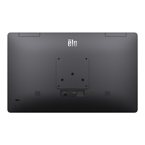Rückseite eines schwarzen Elo-Touchscreen-Monitors mit Elo-Logo, Halterungen und Anschlüssen.