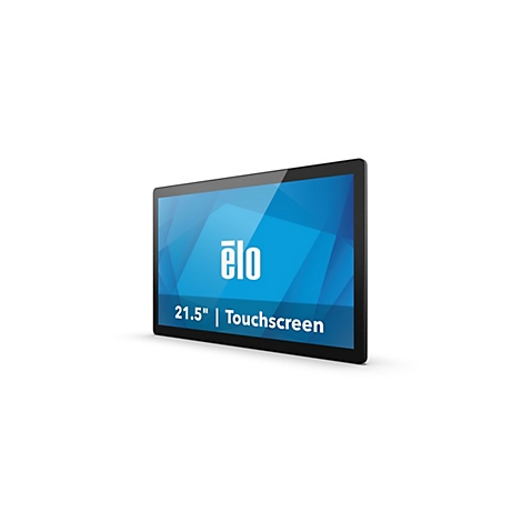 Ein schwarzer Touchscreen-Monitor mit der Aufschrift „ēlo“ und „21,5” | Touchscreen“ auf blauem Hintergrund.