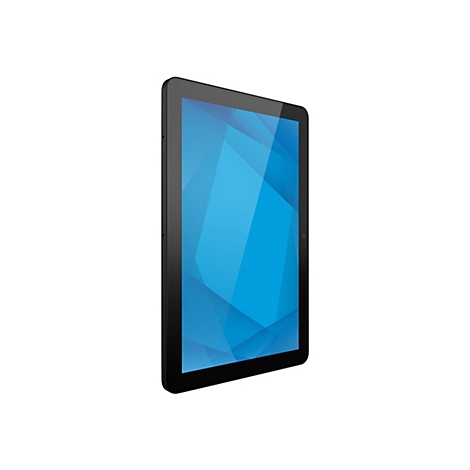 Schwarzes Tablet in Perspektive vor weißem Hintergrund. Der Bildschirm zeigt ein blaues Muster.