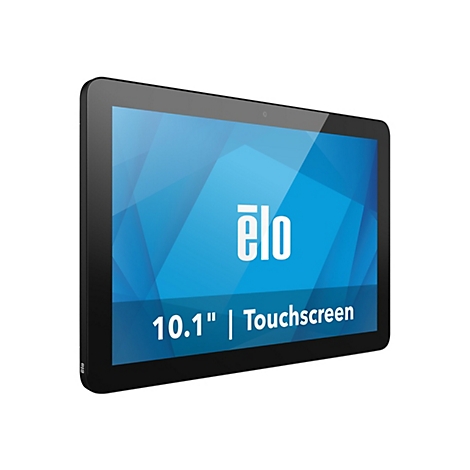 Schwarzes Tablet mit Touchscreen-Funktion, 10,1 Zoll Bildschirm, Firmenlogo.