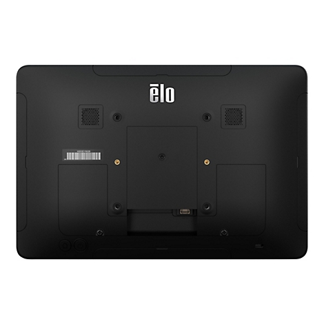 Rückseite eines schwarzen Elo-Touchscreens, mit Logo, Lüftungsschlitzen, Schrauben und Anschlüssen.