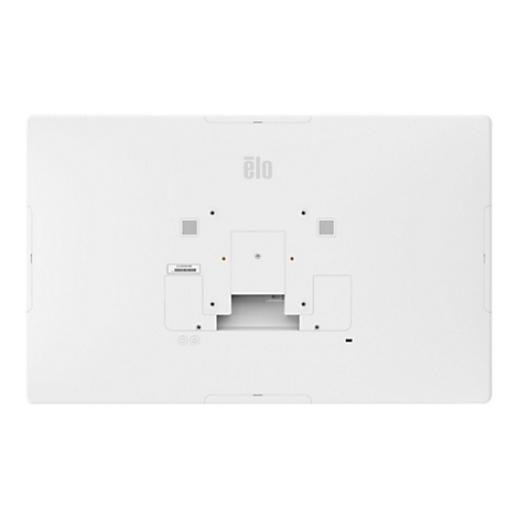 Rückseite eines weißen Monitors mit dem Markenlogo „elo“. Der Monitor hat Löcher für die Wandmontage, einen Barcode und verschiedene Anschlüsse.