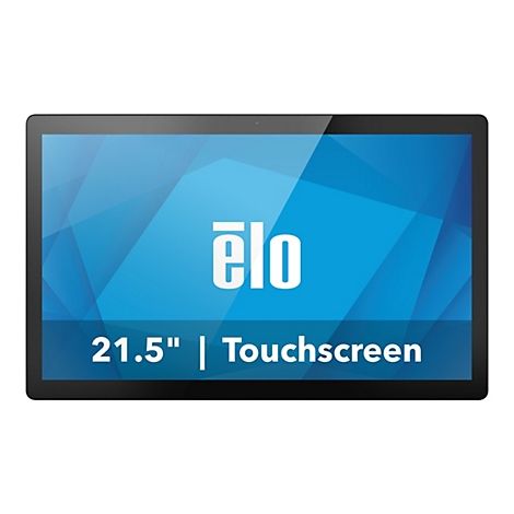 Ein schwarzes Tablet mit blauem Bildschirm, auf dem das Logo "elo" und die Aufschrift "21.5" | Touchscreen" zu sehen ist.