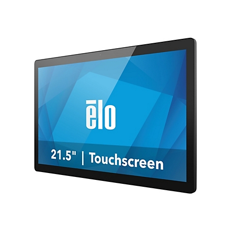 Ein Touchscreen-Monitor, schwarz umrandet, mit blauem Hintergrund und weißem Logo. Text: 21,5 Zoll Touchscreen.