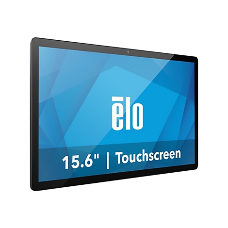 Schwarzes Tablet mit Touchscreen und 15,6-Zoll-Display, ELO-Logo auf blauem Hintergrund.
