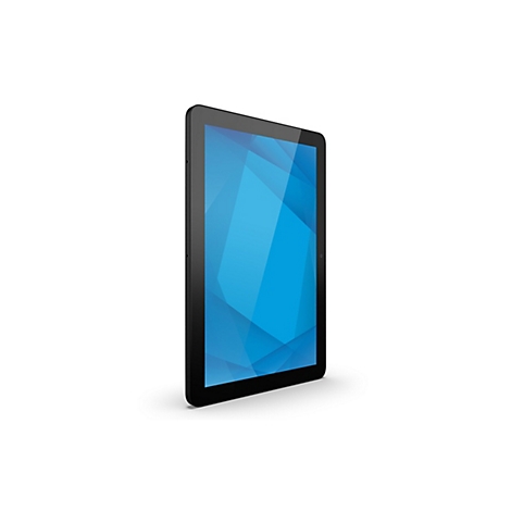 Schwarzes Tablet in seitlicher Ansicht mit blauem, geometrischem Bildschirmhintergrund auf weißem Grund.