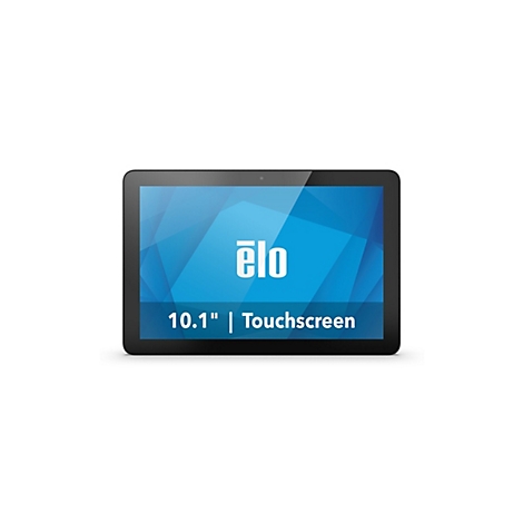 Schwarzer 10,1-Zoll Elo Touchscreen vor weißem Hintergrund mit Firmenlogo und Modellbezeichnung.